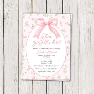 Printed Bridal Shower Invitation, She&#39;s Tying the Knot, Pink Bow, Coquette, Vintage,  Floral, Classy, Elegant, White Envelope Included