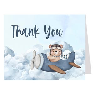 Cartes de remerciement avion, carte de remerciement baby shower, L'aventure vous attend, baby shower ours en peluche, notes pliées vierges à l'intérieur