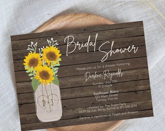 Printed Sunflower Bridal Shower Invitations, Mason Jar, Rustic, Country, Wedding, Wood, White Envelope Included