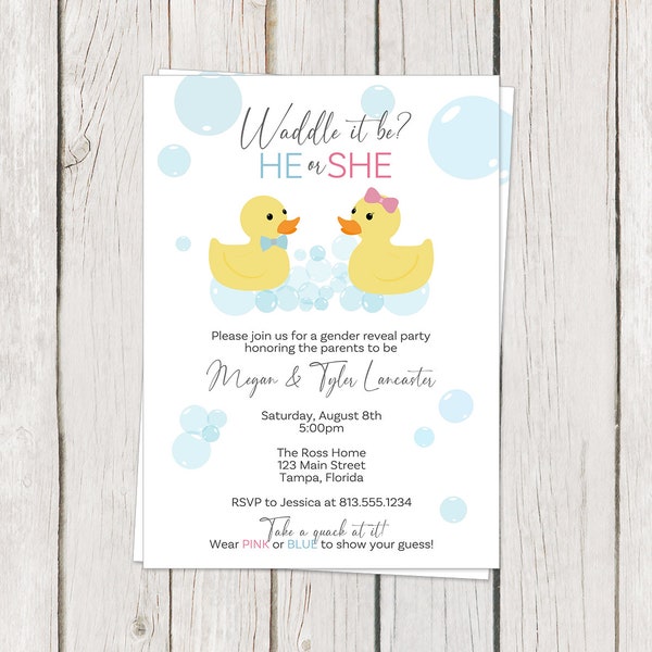 Waddle It Be Gender Reveal Einladungen, Quietscheente, Er oder Sie, Junge oder Mädchen, bedruckbar, digital, INSTANT DOWNLOAD, vollständig bearbeitbar