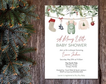 Christmas Baby Shower Invitation, A Merry Little Baby Shower, Clothesline, Sweater, Ornament, Digital INSTANT DOWNLOAD Fully Editable Invite