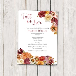 Printed, Floral Pumpkin Bridal Shower Invitations, Fall Blooms, Autumn Wedding, Flowers,  Wedding, White Envelope Included