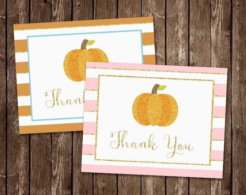 Pink 20 Folding Notes FREE Shipping Orange Little Pumpkin Gold Stripes Glitter Boy Sprinkle Girl Baby Shower Thank You Card