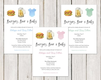 Burgers Beer and Baby, Shower Invitation, BabyQ, Barbeque, Pink, Blue, Green, Digital, Printable, INSTANT DOWNLOAD Fully Editable Invite