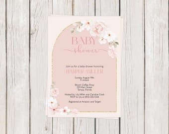 Printed, Dusty Rose, Baby Shower, Invitation, Arch, Pink, Floral, Flowers, Gold, Girl,  White Envelope Included