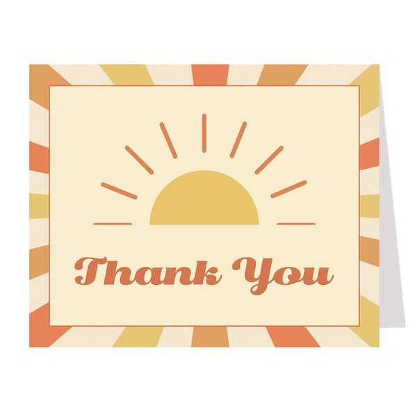 Sunshine Thank You Card, Baby Shower, You Are my Sunshine, 70s, Retro, Summer, Sun, Sunny, Yellow, Orange, Folded Notes Blank Inside