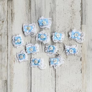 12 pc 1”x1” sweet and delicate blue lace and fabric cluster/snippets for junk journal, slow stitch, mixed media, embellishment, etc.