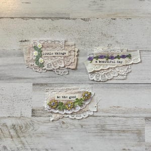 3 Stück große positive Sentiment Patches im Antik/Vintage/Klassik/Floral/Shabby Chic Thema für Junk Journal, etc.
