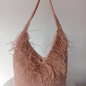 Boho Chic Pink Raffia Franse Umhängetasche, Handgefertigte Häkelarbeit Tote, Leichtes Sommer Accessoire für Frauen