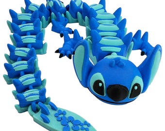 Stitch-Inspired 3D Printed Dragon | Articulated Fidget Toy | Cute Blue or Pink Design
