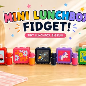 May include: Five miniature plastic lunchbox fidget toys with white handles and attached small thermos containers. The boxes feature colorful designs including a fire truck, flowers, a rocket, a unicorn, and a dinosaur. Text reads MINI LUNCHBOX FIDGET! TINY LUNCHBOX. BIG FUN.