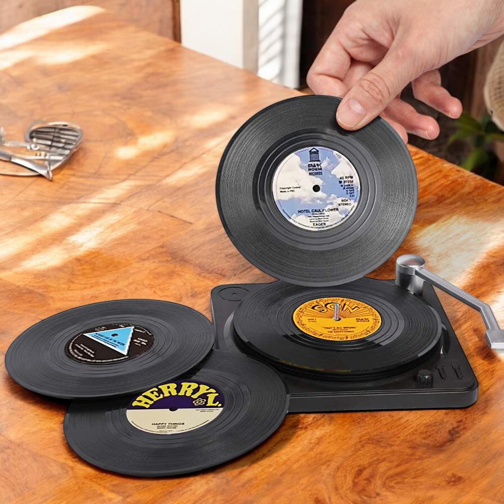 Set of 6 Vinyl Coasters for Drinks Music Coasters with Vinyl Record Player Holder Retro Record Disk Coaster Mug Pad Mat Creative