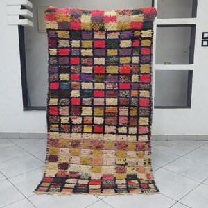checkered Boucherouite rug , Moroccan area rug , Vintage Boucherouite rugs , Tapis berbere , Vintage living room , for living room.
