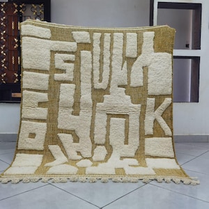 Handmade Mustard Moroccan Rug, Custom Wool Berber Carpet, Yellow and White Area Rug, Artistic Moroccan Tapis, Beni Ourain Style Rug