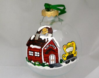 Hand Painted Ornament-Red Schoolhouse/Yellow Bus-Item 808