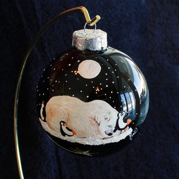 Hand Painted Ornament mit ein weißer Bär und Pinguinen Artikel 84