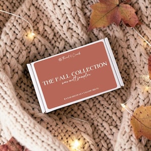 May include: A rectangular white box with a terracotta-coloured label featuring the text Thread & Crumb, THE FALL COLLECTION, wax melt sampler, and 8 x 1 oz BEESWAX + TALLOW MELTS. The box is positioned on a thick, cream-coloured knit fabric.