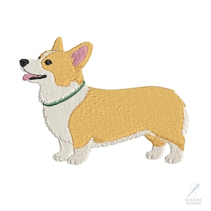 Könnte beinhalten: Gesticktes Bild eines Corgi-Hundes im Profil. Der Hund hat ein hellbraunes und weißes Fell, einen grünen Kragen und rosa Innenohren. Die Zunge des Hundes ist zu sehen. Das Bild befindet sich auf weißem Hintergrund.
