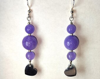 Sterling Silver Plated Angelite Earrings with Stainless Steel Heart Charm - Handmade Dangle Earrings, Gift for Her