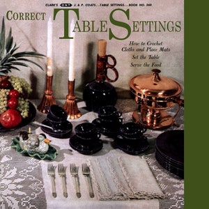 May include: A vintage book cover with the title "Correct Table Settings" and a subtitle "How to Crochet Cloths and Place Mats, Set the Table, Serve the Food". The cover features a table setting with a white tablecloth, crocheted placemats, and a variety of tableware, including candlesticks, a serving dish, and teacups.