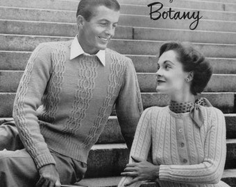 Botany Pattern of the Month #1612, Comfortable Men's Pullover and Women's Cardigan in Knitting - December, 1952 (PDF eBook Digital Download)