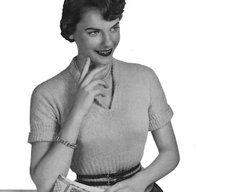 Botany Pattern of the Month #1401, Women's Classic Style V-Neck Blouse Pattern in Knitting - January, 1950 (PDF eBook Digital Download)