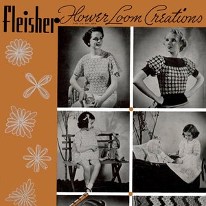 Może przedstawiać: Okładka vintage'owego magazynu z czarno-białym zdjęciem kobiety w koronkowej bluzie. Magazyn nosi tytuł "Fleisher Hower Loom Creations" i kosztuje 20 centów. Na okładce znajdują się również inne przedmioty wykonane na szydełku, w tym kocyk dla dziecka, sukienka dla dziewczynki i kołnierzyk damski.