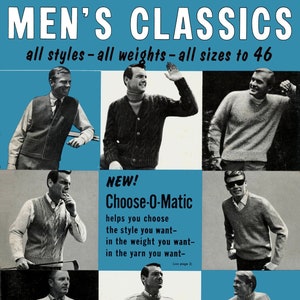 Könnte beinhalten: Eine Vintage-Werbung für Herrenstrickwaren mit einer Auswahl an Pullovern und Westen in verschiedenen Stilen und Farben. Die Anzeige enthält den Text "Men's Classics" und "Choose-O-Matic" sowie den Markennamen "Bear Brand Fleisher's Botany".