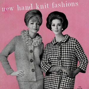 May include: Two women modeling hand-knitted garments. The woman on the left is wearing a gray cardigan and skirt. The woman on the right is wearing a black and white houndstooth coat. The text on the image reads "new hand knit fashions", "7207 (Page 28)", "7208 (Page 30)", "Bear Brand FLEISHER Yarns VOL. 72 - 60¢".