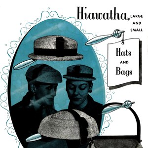 Puede incluir: Un folleto vintage de patrones de crochet con Hiawatha Hats and Bags. La portada muestra a dos mujeres con sombreros y un bolso de crochet. El texto de la portada dice "Hiawatha Hats and Bags, Large and Small, Designs by Melina, 40¢ Book No. 153, See Page 11."
