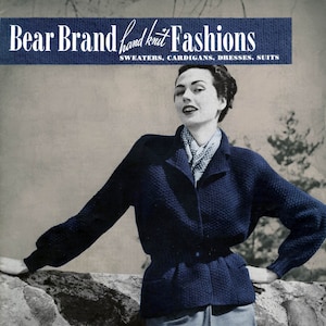 May include: A woman wearing a blue knitted cardigan with a belt and a matching skirt. The cardigan has a textured knit pattern. The image is from a vintage fashion magazine.