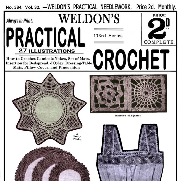 Weldon's 2D #384 c.1910's - Practical Crochet, Camisole Yokes, Doilies and More (PDF - EBook  Digital Download)