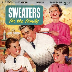 May include: A vintage illustration of a family wearing sweaters while enjoying a picnic outdoors. The image features a father, mother, son, and daughter. The father is holding a fork and grilling hot dogs on a grill. The mother is holding a plate with a cake. The son is holding a plate with sandwiches. The daughter is holding a plate with a hot dog. The image includes the text "SWEATERS For the Family" and "CHADWICK'S RED HEART YARNS".