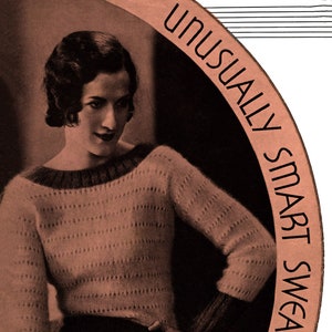 May include: A vintage knitting pattern for a sweater with a cable knit design. The pattern is titled "Unusually Smart Sweater Creations" by Fleisher and costs 10 pence.
