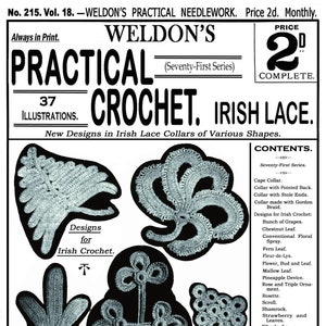 May include: A vintage magazine cover for Weldon's Practical Crochet, featuring 37 illustrations of Irish lace collars. The cover is black and white with a title in bold font and a price of 2d. The magazine is from the Seventy-First Series.