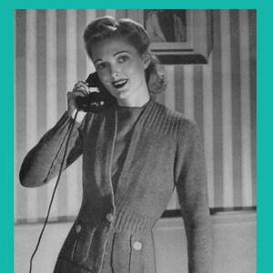 May include: A black and white photo of a woman wearing a knitted cardigan with a button closure and pockets. The cardigan has a ribbed texture and a fitted silhouette. The text "Sizes 34, 36, 38, 40 and 42" is printed below the image.