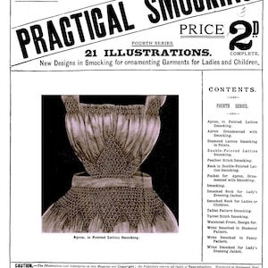 May include: A vintage magazine cover for Weldon's Practical Smocking, with an illustration of an apron with pointed lattice smocking. The cover includes text and a price of 2d.