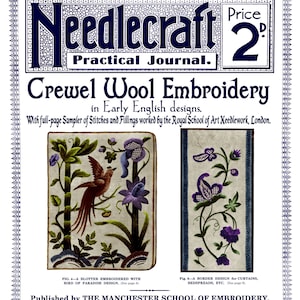 Peut inclure: Une couverture de magazine vintage pour Needlecraft, un journal pratique, présentant une illustration colorée d'un oiseau de paradis et des motifs de broderie florale. Le texte de la couverture indique "Broderie au point de croix en laine dans des motifs anglais anciens".