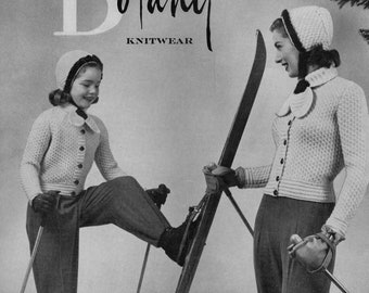 Botany Pattern of the Month #1509, Tunisian Crochet Mom & Daughter Ski Jacket Cardigan and Hat  September, 1951 (PDF eBook Digital Download)