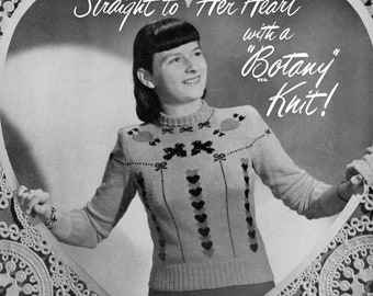Botany Pattern of the Month #1301, Junior's Teens Woman's Heart Motif Sweater in Knitting - January, 1949 (PDF eBook Digital Download)