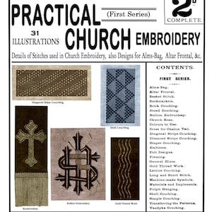 Könnte beinhalten: Eine Vintage-Magazinseite mit dem Titel "Weldon's Practical Church Embroidery." Die Seite zeigt Illustrationen verschiedener Stickereistiche und -muster, darunter ein Kreuz, ein Diagonalstich und ein Muschelstich. Der Text listet auch den Inhalt des Magazins auf, der Anleitungen zur Herstellung verschiedener Artikel wie Almosenbeutel, Altarfronten und Lesezeichen umfasst.