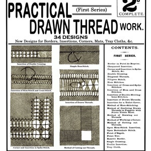 Peut inclure: Une image en noir et blanc d'une page de magazine avec le titre "Weldon's Practical Drawn Thread Work." La page présente 34 motifs pour les bordures, les insertions, les coins, les tapis, les nappes et plus encore. Le magazine est de la première série et coûte 2d. Le magazine est publié par Weldon's, Limited, 30 & 31, Southampton, Strand, London, W.C.