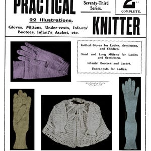 Könnte beinhalten: Ein Vintage-Magazin-Cover mit dem Titel "Weldon's Practical Knitter" mit Illustrationen von gestrickten Handschuhen, einer Jacke und anderen Artikeln. Das Cover enthält Text und den Preis von 2d.