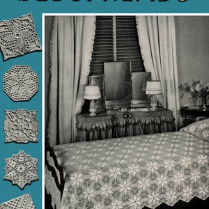May include: A vintage crochet pattern book cover featuring a white crocheted bedspread with a popcorn petal design. The book cover also includes a close-up of five different crochet motifs. The text on the cover reads "BEDSPREADS" and "POPCORN PETALS No. 6041 DIRECTIONS ON PAGE 24".