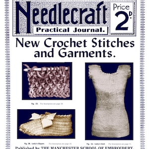 Könnte beinhalten: Ein Vintage-Magazin-Cover für Needlecraft, ein praktisches Journal, mit einem Häkelmuster, einem Häkelslipper und einer Häkelweste. Das Cover ist blau mit weißem Text und Bildern. Der Preis beträgt 2 Pence.