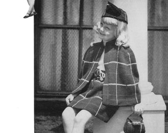 Botany Pattern of the Month #1207, Girl's Knitting Pattern for 4 Piece Tartan Skirt, Cape, Hat & Bag July, 1948 (PDF eBook Digital Download)