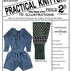 Puede incluir: Ilustración vintage de la revista "Weldon's Practical Knitter". La imagen muestra prendas de punto, incluyendo un conjunto azul y un mitón con diseño verde y beige. El texto dice "Practical Knitter" y "How to Knit Useful Garments".