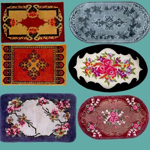 Puede incluir: Seis dise&ntilde;os de alfombras diferentes con varios patrones florales y geom&eacute;tricos. Las alfombras son en tonos de rojo, azul, verde y blanco.