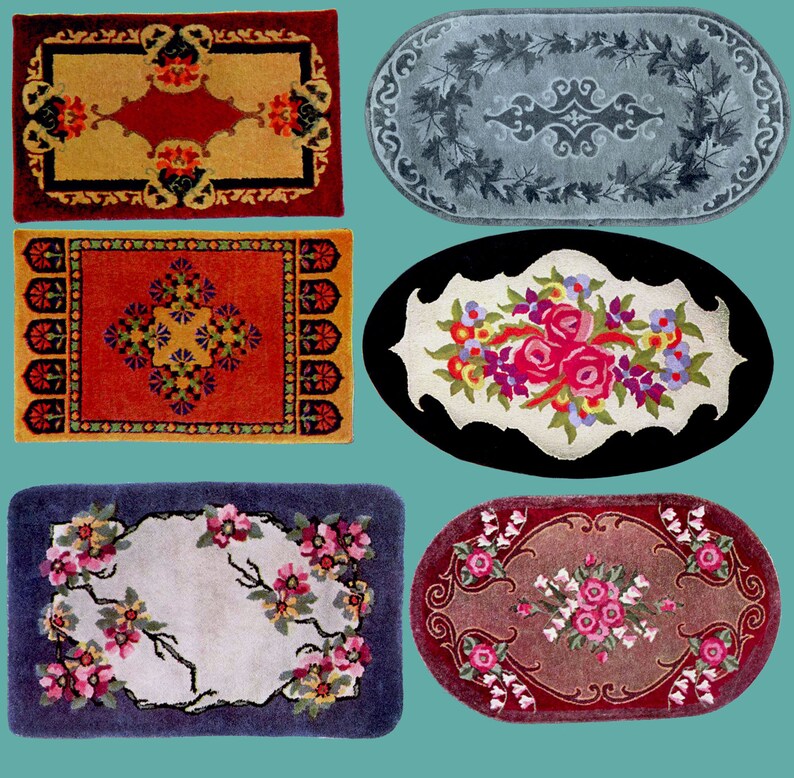 Puede incluir: Seis dise&ntilde;os de alfombras diferentes con varios patrones florales y geom&eacute;tricos. Las alfombras son en tonos de rojo, azul, verde y blanco.