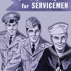 May include: A vintage magazine cover featuring three servicemen in uniform. The cover reads "Warm Hand Knits for Servicemen" and "Vol. 25 - 15¢".
